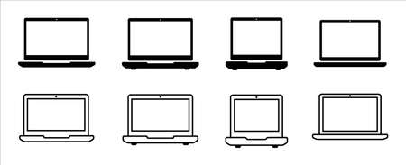 Laptop icon set. Assorted laptops vector icons set. Symbol of personal computer, portable computer, display screen. Simple flat design illustration.のイラスト素材