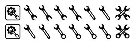 Wench icon set. Crossed wrench tool with ratchet vector icon set. Symbol and sign of mechanic job, technical, setup, setting, construction. Vector stock simple flat illustration.のイラスト素材