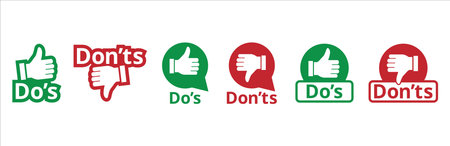 Do's and don'ts icon set. To do and not to do icons. Recommended or not recommended symbol. Thumb up and down inside bubble chat sign. Vector stock illustration.のイラスト素材