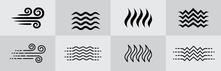 Four elements icon set. Four element energy symbol sets. Wind, air, water, fire flame, earth, land terrain symbols or sign. Graphic design template illustration. Simple flat outline style.のイラスト素材