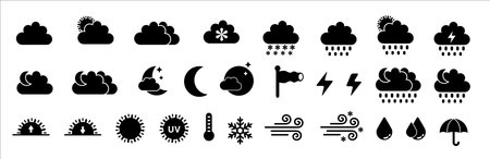 Weather icons. Weather forecast icon set. Simple flat design for application and website button. Contains symbol of sunrise, sunset, sun, moon, rainfall, blizzard, snow, umbrella. Vector illustrationのイラスト素材