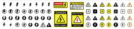 High voltage sign. Lightning bolt icon set. Electric shock caution signs. Vector illustration. Danger of high voltage shock risk.のイラスト素材