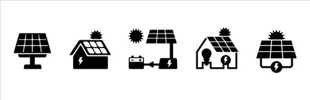 Electricity icon set. Solar panel electric generation icons. Green renewable electric power source vector icon. House solar panel roof. Vector stock illustration.のイラスト素材