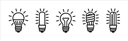 Light bulb icon set. Lamp icons. Idea light bulb symbol collection. Glow light bulb represents ideas and innovation. Outline vector stock illustration. Spiral and U shape lamp.のイラスト素材
