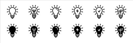 Light bulb icon set. Lamp icons. Idea light bulb symbol collection. Simple line and flat design style. Vector stock illustration. Electricity green energy sign.のイラスト素材