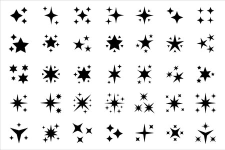 Sparkling star icon collection. Sparkle star shine icons. Shinny clean stars pop up. Shooting stars glitter vector illustration in black color. Isolated in white background.のイラスト素材