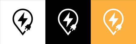 Electrical power icon. Electric power source sign. Lightning bolt inside pin map with electric plug image combination. Vector stock illustration. In color of black white and yellow background.のイラスト素材