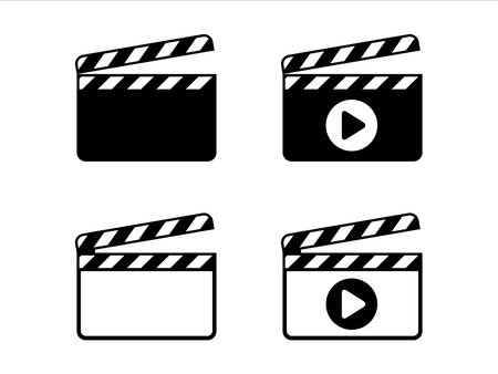 Clapperboard icon set. Opened movie shooting clapper board vector. Film cinema symbol. Vector stock illustration.のイラスト素材
