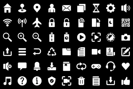 Basic user interface icon set. Universal and common website user interface icons vector collection. Solid design style for mobile phone apps. Contains symbol of folder, lock, security, and volume.のイラスト素材