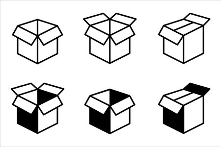 Shipping box icon set. Empty open and close box for delivery packaging icons. Cardboard box vector stock illustration.のイラスト素材