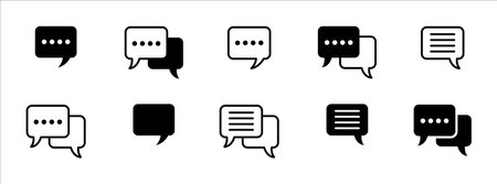 Chat message vector icon set. Chat speech bubble sign. Vector stock illustration in outline and solid design style.Social media messaging sign. Talk conversation signs collection.のイラスト素材