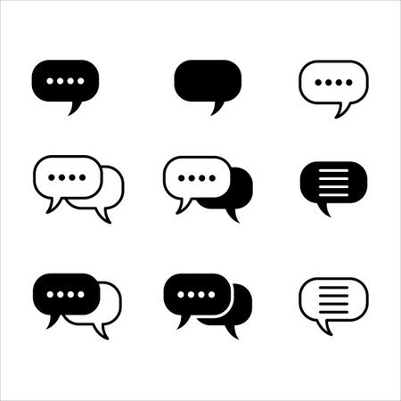 Chat message vector icon set. Chat speech bubble sign. Vector stock illustration in outline and solid design style.Social media messaging sign. Talk conversation signs collection.のイラスト素材