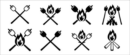 Camp fire marshmallows vector set. Bonfire illustration set. Burning fire wood, marshmallow vector stock illustration. Let's get toasted sicker.のイラスト素材