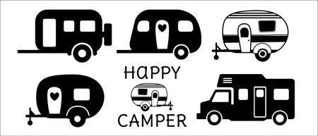 Camping trailer vector illustration set. Camping truck trailer icons. Camping home vector stock illustration. Great for outdoor branding.のイラスト素材