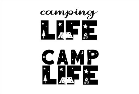 Camping life saying or quote vector design. Camp life night sign. Isolated on white transparent background. Great camping life theme design for t-shirt, mug, wall decor, souvenir and more.のイラスト素材