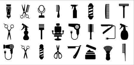 Barbershop utensils icon set. Hair salon icons, Hairstylist vector icons set. Contain symbol of clipper, barber pole, comb, razor blade, chair, sprayer, pomade, hair dryer, brush, and more.のイラスト素材