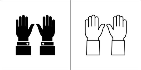 Hands icon. Two hands facing down sign. Raised hands symbol. Vector stock illustration logo design. Symbol of participate, surrender, busted, lose.のイラスト素材