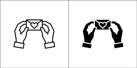 Two hand holding a love envelope. Hands with envelop icon. Icon for charity, donation, compassion, solidarity and humanitarian. Vector Stock logo illustration in flat and line design style.のイラスト素材