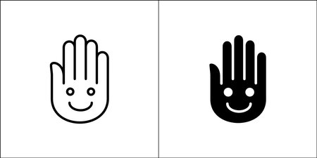 A hand with smiley face icon. Icon for charity, donation, compassion, solidarity and humanitarian. Vector Stock logo illustration in flat and line design style.のイラスト素材