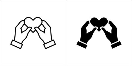 Two hand holding a heart symbol. Hands presenting love icon. Icon for charity, donation, compassion, solidarity and humanitarian. Vector Stock logo illustration in flat and line design style.のイラスト素材