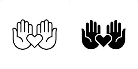 Two hand receiving aid icon. Two hands with hear symbol. Icon for charity, donation, compassion, solidarity and humanitarian. Vector Stock logo illustration in flat and line design style.のイラスト素材
