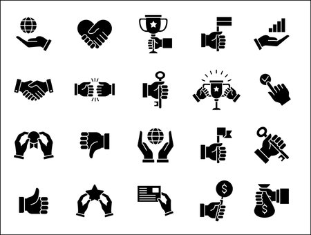 Entrepreneurship icon set. Business icons. Success business symbol collection. included icon of trophy, profit, money bag, hand holding key, handshake, achievement. Vector isolated in white.のイラスト素材