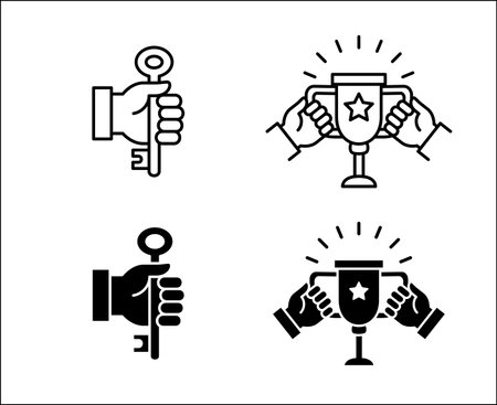 Hand holding trophy icon. Key on hand icon. Business icon. Success, reward, achievement symbol. Vector stock illustration. Isolated on white background. Vector logo design templateのイラスト素材