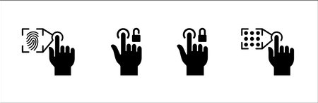 Finger print lock touch icons. Pattern screen lock unlock symbol. Finger touch screen gesture icon set. Vector stock icon isolated on white. Graphic design for button template and illustration.のイラスト素材