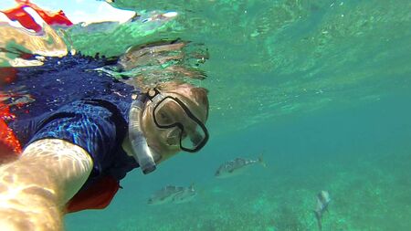 underwater shot of man in mask in snorkel swimming in the caribbean sea in belizeの写真素材