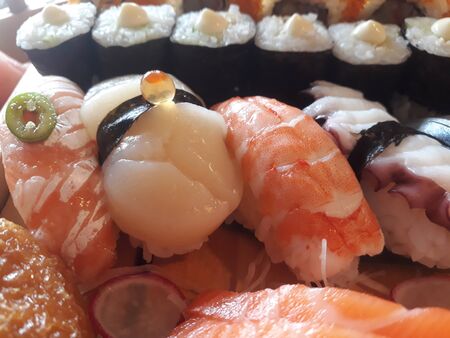 Sushi and Sashimi salmon and rice japanese foodの写真素材