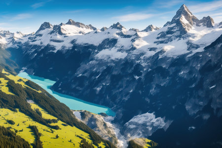 Beautiful alpine landscape with lake and snow-capped peaksの素材
