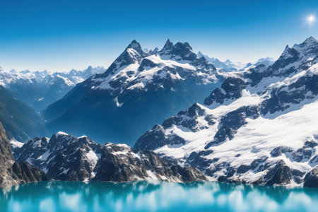 Fantastic panoramic view of snow-capped mountains and lake. Fantastic landscape.の素材