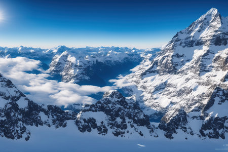 Beautiful alpine landscape with snow-capped peaks and blue skyの素材