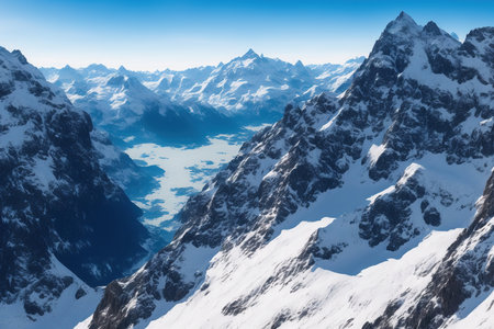 Beautiful alpine landscape with snow-capped mountains and blue skyの素材