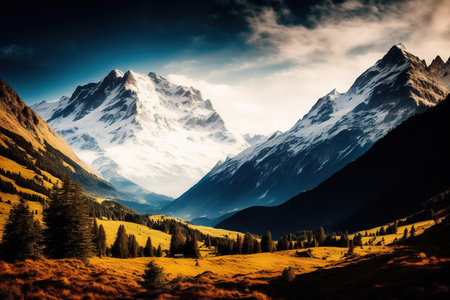 Beautiful mountain landscape with snow-capped peaks in the cloudsの素材