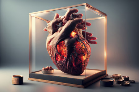 Human heart in a glass aquarium. 3d illustration. Vintage style.の素材