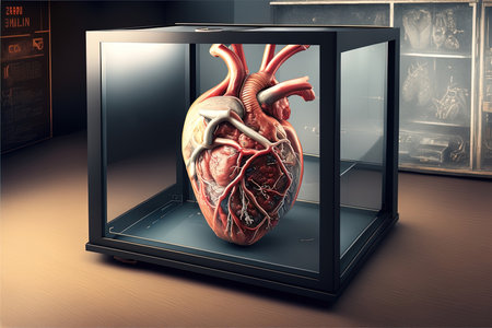 Human heart in a glass box. 3D illustration. 3D rendering.の素材