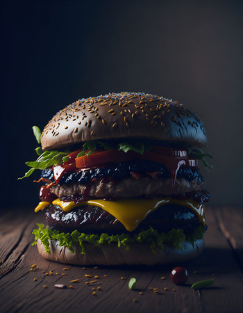 Hamburger with beef patty, cheese and vegetables on wooden backgroundの素材