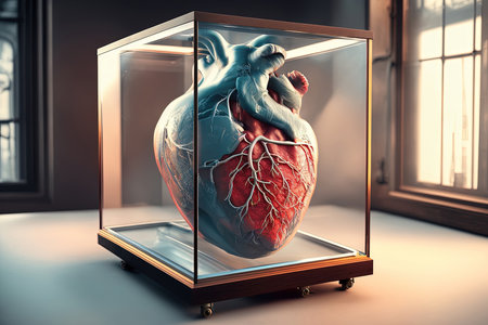 Human heart inside a glass box, 3d render, toned imageの素材