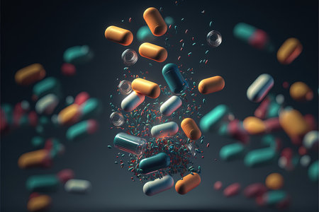 3d rendering of multicolored medical capsules floating in the airの素材