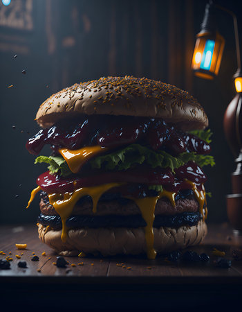 Hamburger with beef, cheese and ketchup on wooden tableの素材