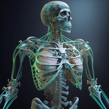 3D render of a human skeleton with muscles, joints and bonesの素材