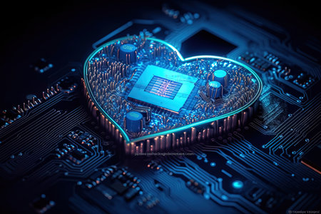 Close-up of electronic circuit board with chip in heart shape. 3D renderingの素材