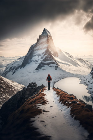 Hiker at Matterhorn mountain peak in Zermatt, Switzerlandの素材