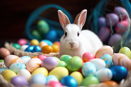 Easter bunny and colorful eggs on wooden background. Happy Easter.の素材
