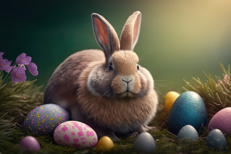 Easter bunny and colorful eggs in the grass. 3d renderingの素材