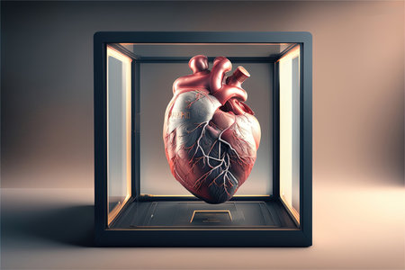 Human heart in a glass box. 3d illustration. 3d renderingの素材