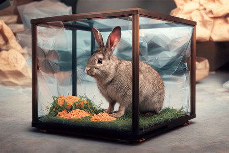 rabbit in a glass cage with flowers on a gray background.の素材
