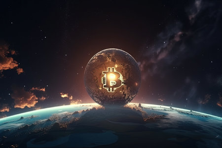 Bitcoin icon in planet earth. Cryptocurrency concept. 3D renderingの素材