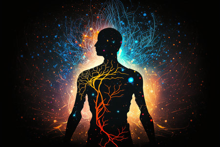Human body with nervous system and neurons in color background. Vector illustration.の素材